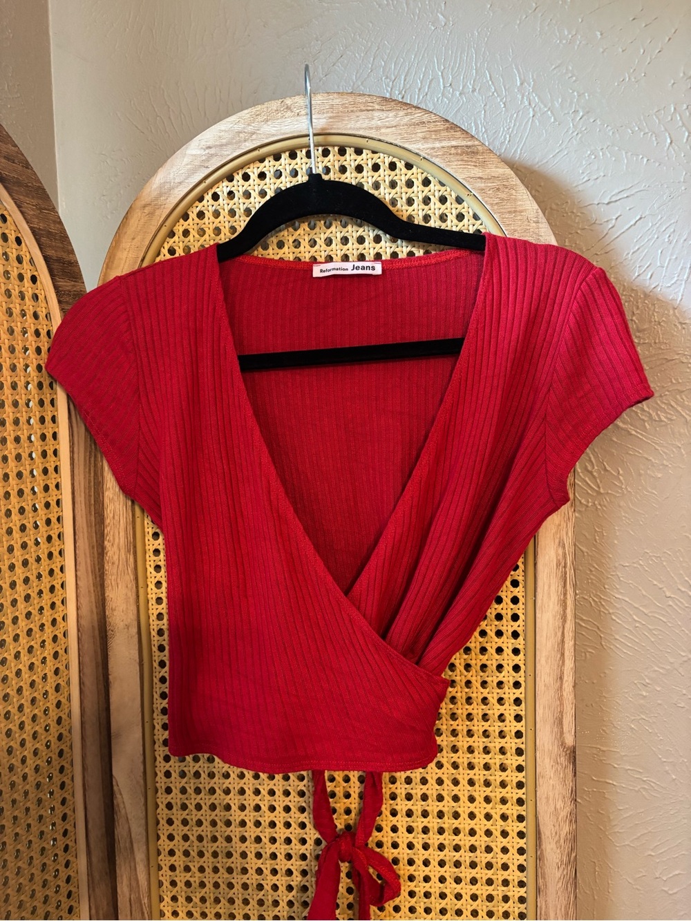 Reformation Red Ribbed Wrap Crop Top with Tie